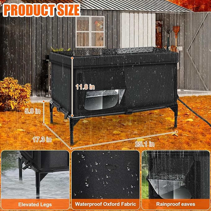 Heated Outdoor Cat House Weatherproof with Heating Pad, Heated Cats House for Outside, Insulated Feral Cat Houses for Outdoor Cats with Safe Escape Door, Elevated Outside Stray Cats Shelter(L)