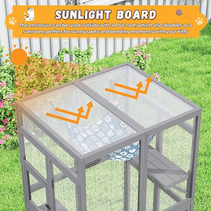 Catio Outdoor Cat Enclosure - Premium Wooden Cat Catio with Window Access & Breathable Mesh, Weatherproof Kitty House for Patio/Backyard/Indoor (Gray)