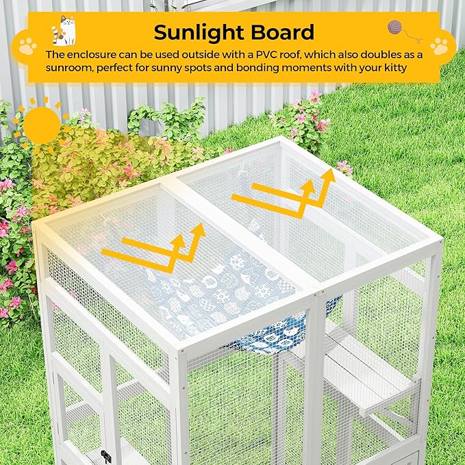 COZIWOW Upgraded Catio Outdoor Cat Enclosure Window Access, Wooden Cat House Shelter, Kitty Cage with Platforms & Hammock Patio Indoor (White)