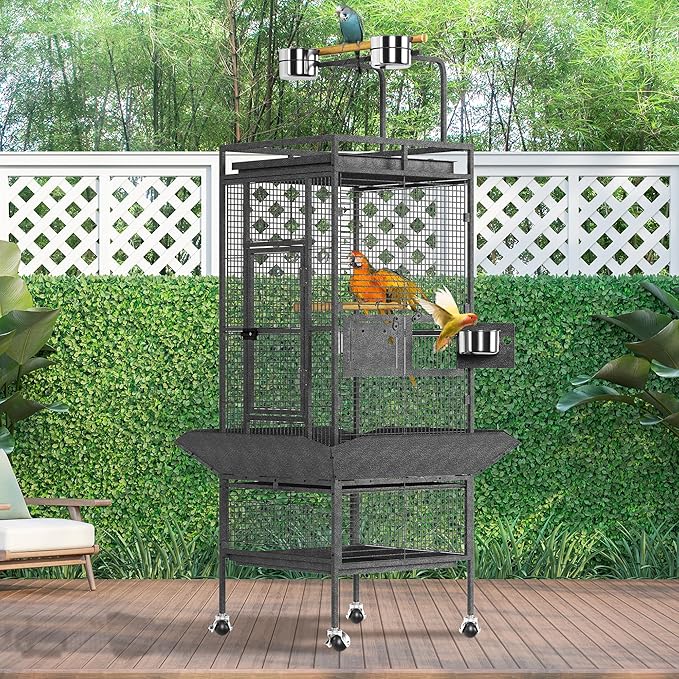 61" Tall Bird Cage - Large Bird Cage with Rolling Stand, Extra Wide Metal Parrot Cage with Play Top & Bowls, Flight Birds House for Macaws, Cockatoos, Conures, Parakeets, Lovebirds